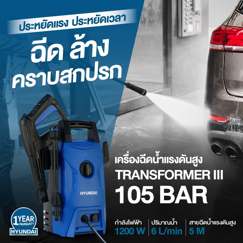 เจาะลึกสเปค: Hyundai Transformer 3 เครื่องฉีดน้ำแรงดันสูง 105 BAR พร้อมสายฉีด 10m และหัว Turbo